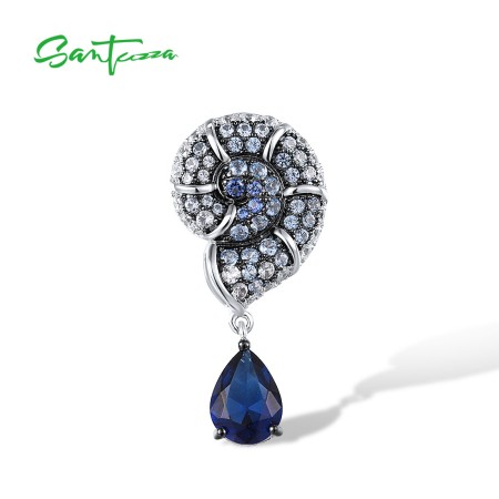 SANTUZZA 925 Sterling Silver Pendan Blue Spinel White Cubic Zirconia Conch Shell Screw Ocean Jewelry