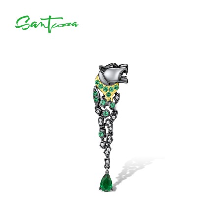 SANTUZZA 925 Sterling Silver Pendant Black Color Leopard Green Spinel Animal Fine Jewelry
