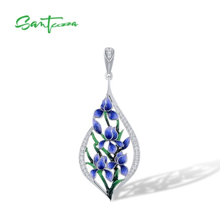 SANTUZZA 925 Sterling Silver Pendant Sparkling White CZ Enamel Blue Flower Jewelry