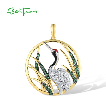 SANTUZZA 925 Sterling Silver Pendant White CZ Green Spinel Red-Crowned Crane Fine Jewelry