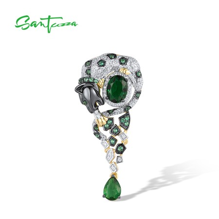 SANTUZZA 925 Sterling Silver Pendant White CZ Green Spinel Lapard Animal Fine Jewelry