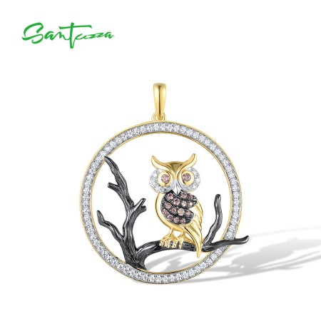 SANTUZZA 925 Sterling Silver Pendant White Chocolate CZ Owl Animal Fine Jewelry