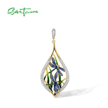 SANTUZZA Silver Pendant for Women Pure 925 Sterling Silver Yellow Plated Dragonfly Fashion Chic Fine Jewelry Handmade Enamel