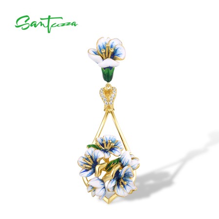 SANTUZZA 925 Sterling Silver Pendant White CZ Blue Enamel Flower Pendant Fine Jewelry 