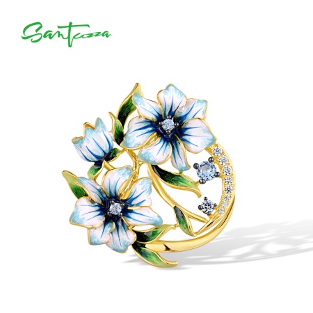 SANTUZZA 925 Sterling Silver Pendant Sparkling Spinel Enamel Little Blue Flower Jewelry
