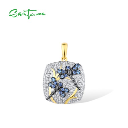 SANTUZZA 925 Sterling Silver Pendant CZ Elegant Blue Dragonfly Square Fine Jewelry