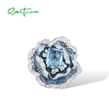 SANTUZZA 925 Sterling Silver Pendants Blue Blooming Flower Elegant Jewelry Enamel