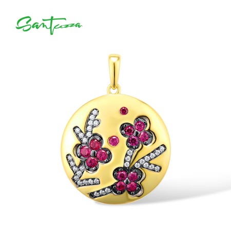 SANTUZZA 925 Sterling Silver Red Flower Pendant Created Ruby White Cubic Zirconia Round Jewelry