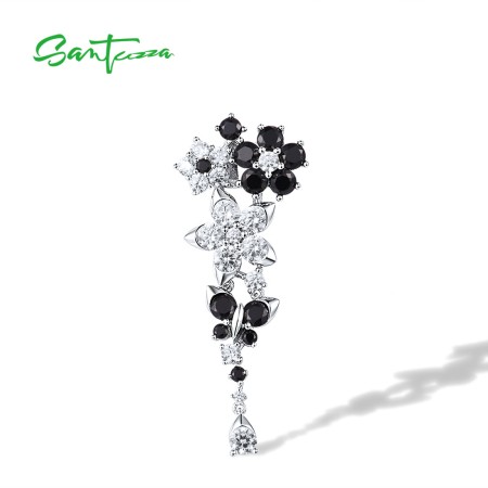 SANTUZZA Silver Pendant 925 Sterling Silver Black Spinel White CZ Exquisite Flower Jewelry