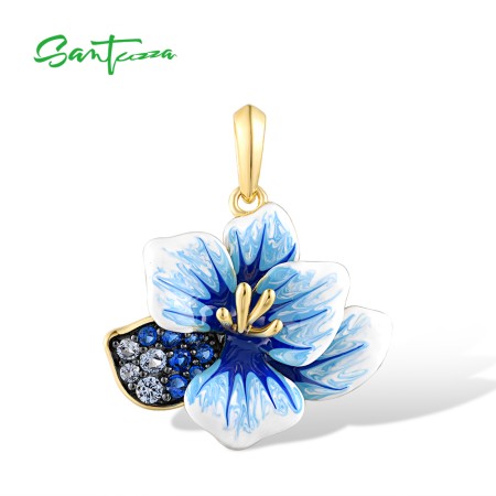 SANTUZZA 925 Sterling Silver Pendant Blue Spinel Enamel Flower Trendy Gifts Fine Jewelry