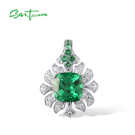 SANTUZZA 925 Sterling Silver Pendant Square Green Spinel White CZ Flower Jewelry