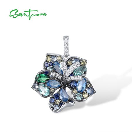 SANTUZZA 925 Sterling Silver Pendant Multi Gems Blue Lily Flower Jewelry