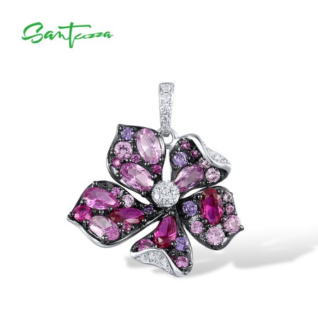 SANTUZZA 925 Sterling Silver Pendant Pink Red Stones Blooming Lily Flower Jewelry