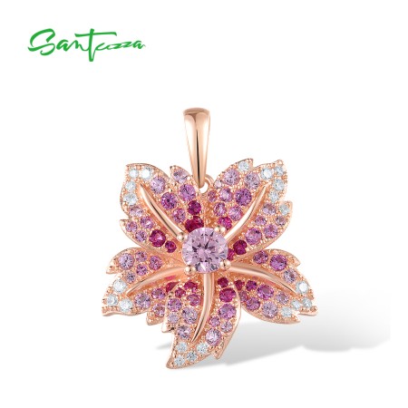 SANTUZZA 925 Sterling Silver Pendant  Sparkling Blue Pink Color Lily Flower Jewelry