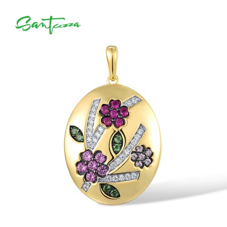 SANTUZZA 925 Sterling Silver Red and Pink Flower Pendant Created Ruby/ Pink Sapphire White CZ Jewelry