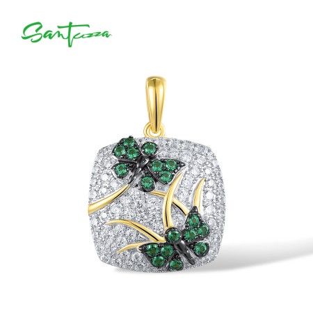 SANTUZZA 925 Sterling Silver Pendant Green Spinel White CZ Gold Color Plated Butterfly Jewelry