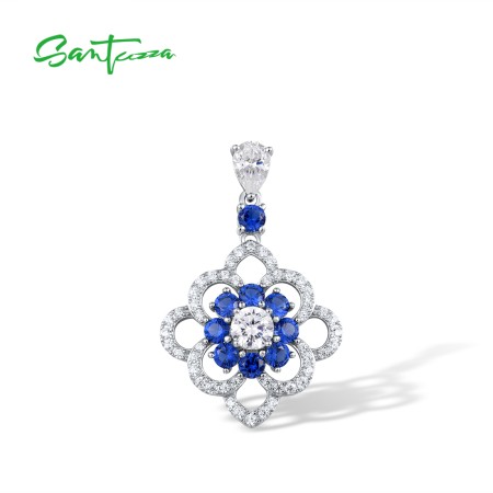 SANTUZZA Silver Pendant 925 Sterling Silver Blue White Cubic Zirconia Flower Jewelry