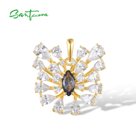 SANTUZZA 925 Sterling Silver Pendant White CZ Blue Spinel Jewelry