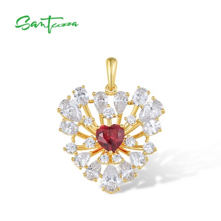 SANTUZZA 925 Sterling Silver Pendant Sparkling White CZ Red Heart Cluster Jewelry