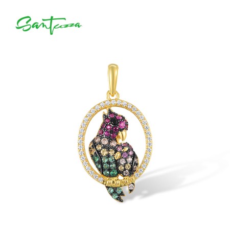SANTUZZA 925 Sterling Silver Pendant Sparkling Multi-Color Stone Parrot Fine Jewelry