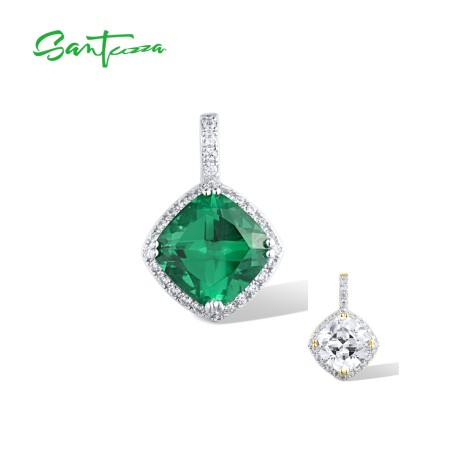 SANTUZZA 925 Sterling Silver Pendant for Women Green Spinel White Cubic Zirconia Fine Jewelry