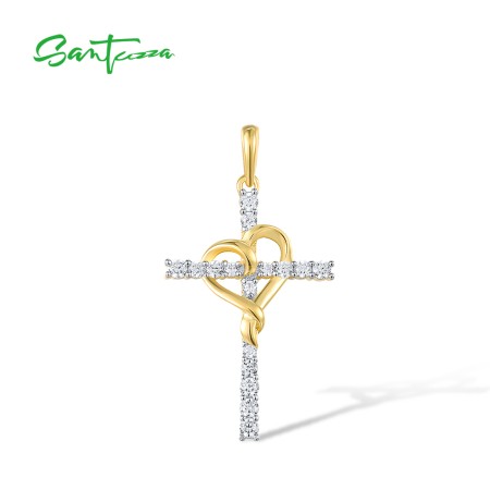 SANTUZZA 925 Sterling Silver Pendant Classic Cross Love Heart White CZ Fine Jewelry
