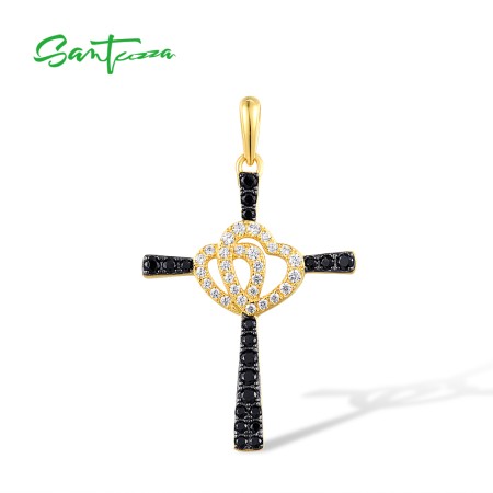 SANTUZZA 925 Sterling Silver Pendant Vintage Cross Love Heart Black Spinel White CZ Jewelry