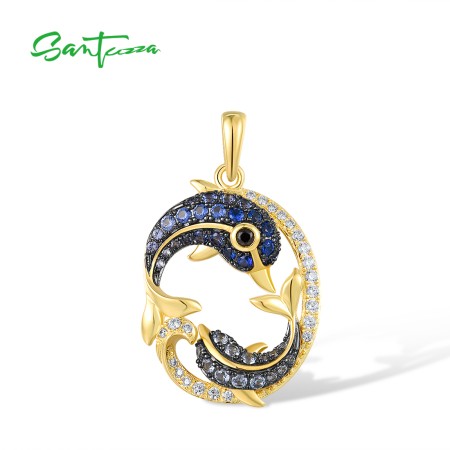 SANTUZZA 925 Sterling Silver Pendant Black Blue Stones White CZ Dolphin Ocean Fine Jewelry