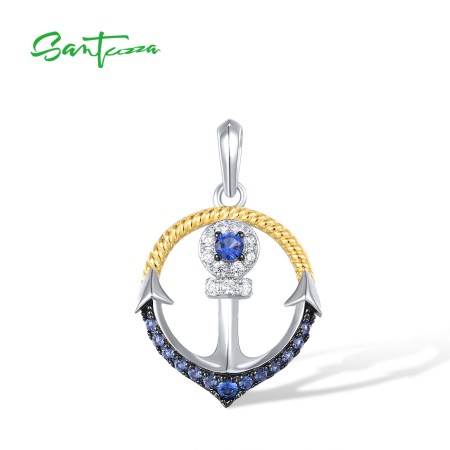SANTUZZA 925 Sterling Silver Pendant Blue Nano Cubic Zirconia Anchor Fine Jewelry