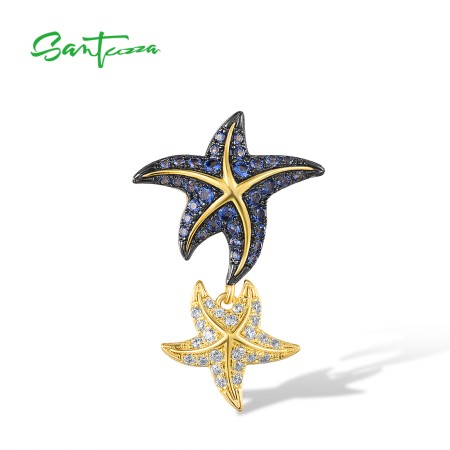 SANTUZZA 925 Sterling Silver Pendant Blue Nano And White CZ Double Star Fish Fine Jewelry