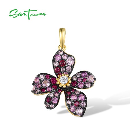 SANTUZZA 925 Sterling Silver Pendant Created Ruby Pink Flower White Cubic Zirconia Jewelry