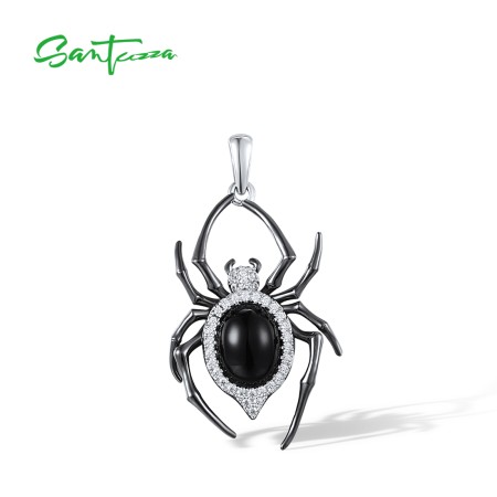 SANTUZZA 925 Sterling Silver Pendant White CZ Agate Black Plating Spider Animal Fine Jewelry