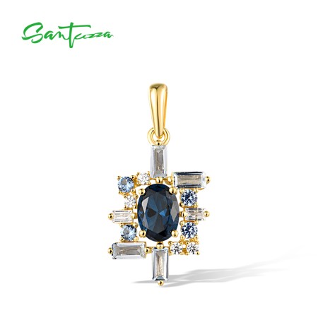 SANTUZZA 925 Sterling Silver Pendant Blue Spinel White CZ Delicate Solitaire Jewelry