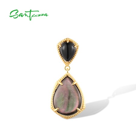 SANTUZZA 925 Sterling Silver Pendant Sparkling Black Agate&Shell Jewelry