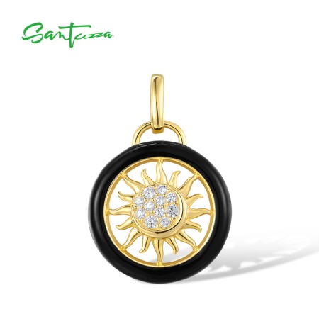 SANTUZZA 925 Sterling Silver Pendant White CZ Black Enamel Round Sun Jewelry