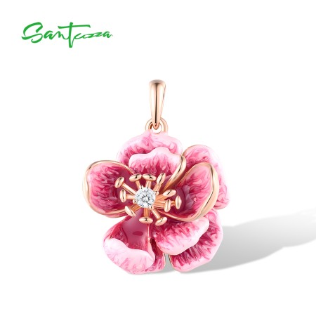 SANTUZZA 925 Sterling Silver Pendant White CZ Pink Enamel Flower Fine Jewelry