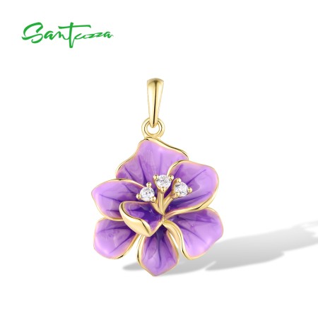 SANTUZZA 925 Sterling Silver Pendant White CZ Purple Enamel Flower Fine Jewelry