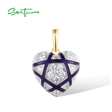 SANTUZZA 925 Sterling Silver Pendant White CZ Blue Heart Enamel Jewelry
