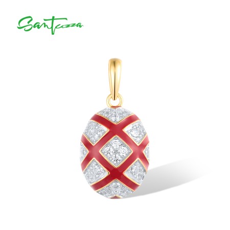 SANTUZZA 925 Sterling Silver Pendant White CZ Red Cross Oval Enamel Jewelry
