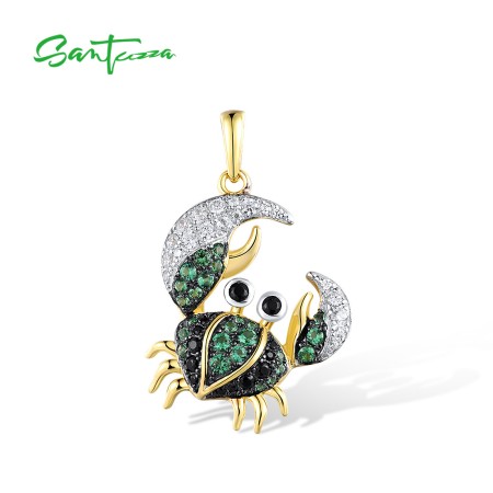SANTUZZA 925 Sterling Silver Pendant Green Black Spinel White CZ Crab Jewelry