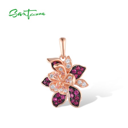 SANTUZZA 925 Sterling Silver Pendant Elegant Created Ruby Flower Delicate Jewelry