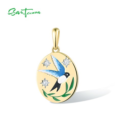 SANTUZZA 925 Sterling Silver Pendant Sparkling White CZ Enamel Blue Bird Jewelry