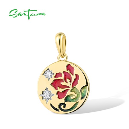 SANTUZZA 925 Sterling Silver Pendant White Enamel Red Flower Enamel Jewelry