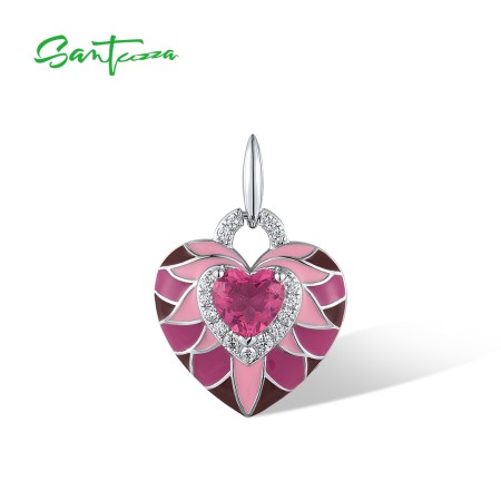 SANTUZZA 925 Sterling Silver Pendant Pink Stone Enamel Lovely Heart Jewelry