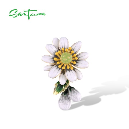 SANTUZZA 925 Sterling Silver Pendant Sparkling White Enamel Sun Flower Jewelry
