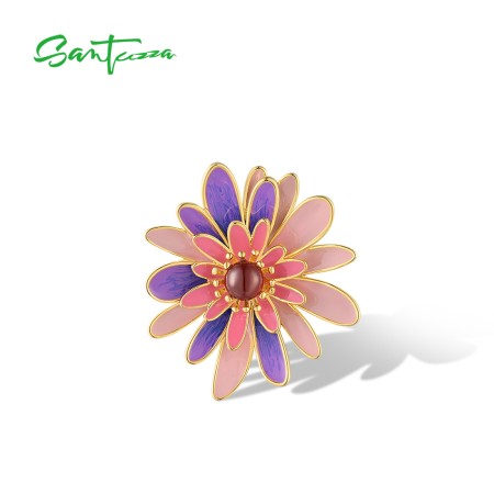 SANTUZZA 925 Sterling Silver Pendant Sparkling Purple & Pink Daisy Jewelry