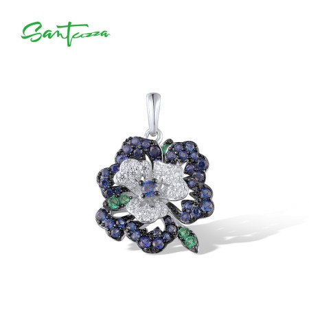 SANTUZZA 925 Sterling Silver Pendant Shiny Pink & Blue Gems Glamorous Flower Jewelry 
