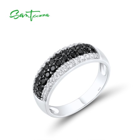SANTUZZA 925 Sterling Silver Rings Black Spinel White Cubic Zirconia Band Ring Jewelry