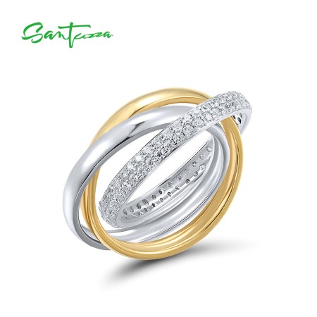 SANTUZZA 925 Sterling Silver Twisted Two Color Rings White Cubic Zirconia Jewelry