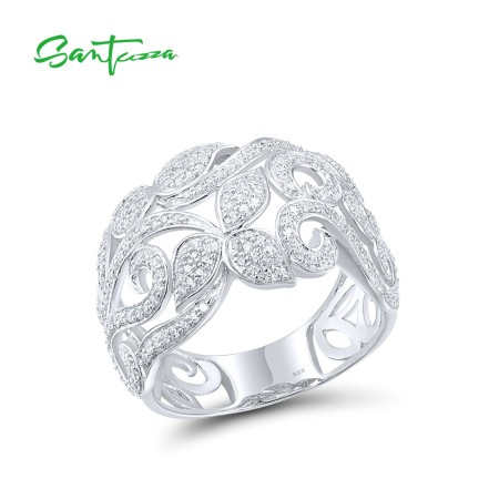 SANTUZZA 925 Sterling Silver Flower Rings White Cubic Zirconia Fine Jewelry
